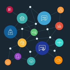 Leinwandbilder - Abstract background with polygonal connected lines. Set of networking, charts, chat and messenger, security, shopping outline icons. Can be use for websites, mobile apps, presentations.