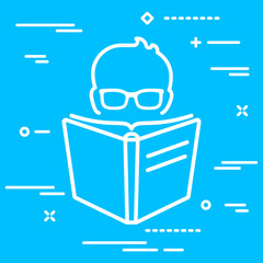 Wall Mural - Head of reader with glasses behind a big linear book icon over b