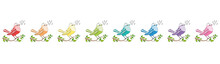 Songbirds In A Row Like A C-major Line - Eight Rainbow Colored Twittering And Chirping And Singing Birds. Comic Illustration On White Background.