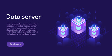 Wall Mural - Datacenter isometric vector illustration. Abstract 3d hosting server or data center room background. Network or mainframe infrastructure website header layout. Computer storage or farming workstation.