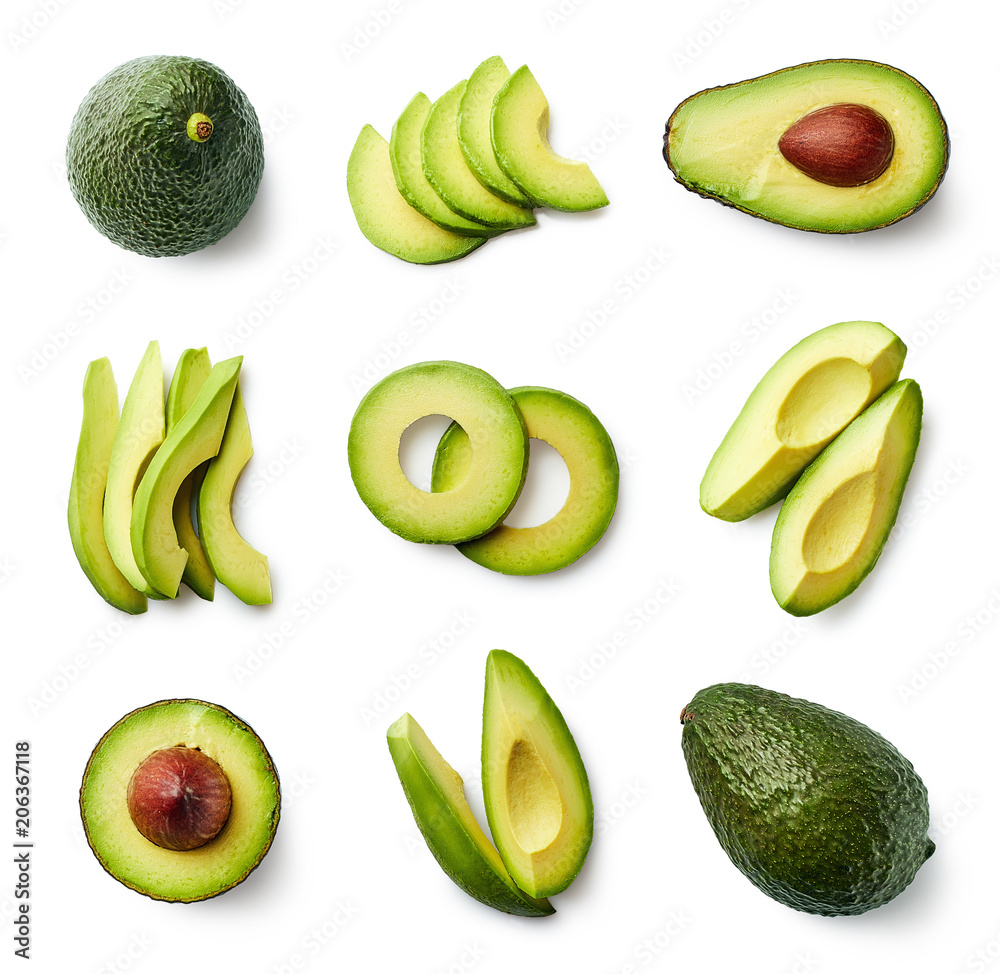 Set of fresh whole and sliced avocado - obrazy, fototapety, plakaty 