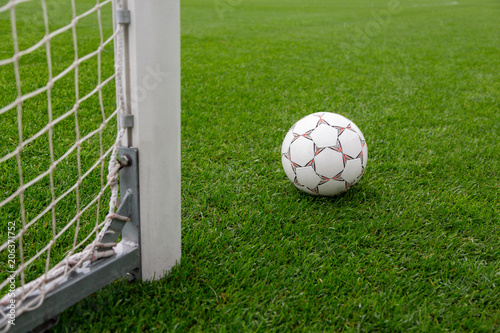 Soccer Ball On The Soccer Field Background With Goal Post On The Right Football Ball On The Football Pitch Field Stock Photo Adobe Stock
