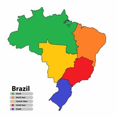 Poster - Brazil map of multi-color with countries and capital cities on white background. Vector illustration