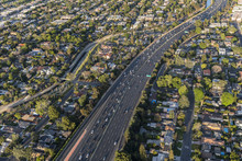 Aerial View Of Ventura 101 Freeway Near Van Nuys Blvd In The San Fernando Valley Area Of Los Angeles, California.