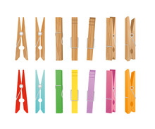Vector Illustration Of Wooden And Clothespin Collection On White Background. Clothespins In Different Bright Colors And Positions For Household In Flat Style.