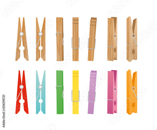 Cuadros en Lienzo Vector illustration of wooden and clothespin collection on white background