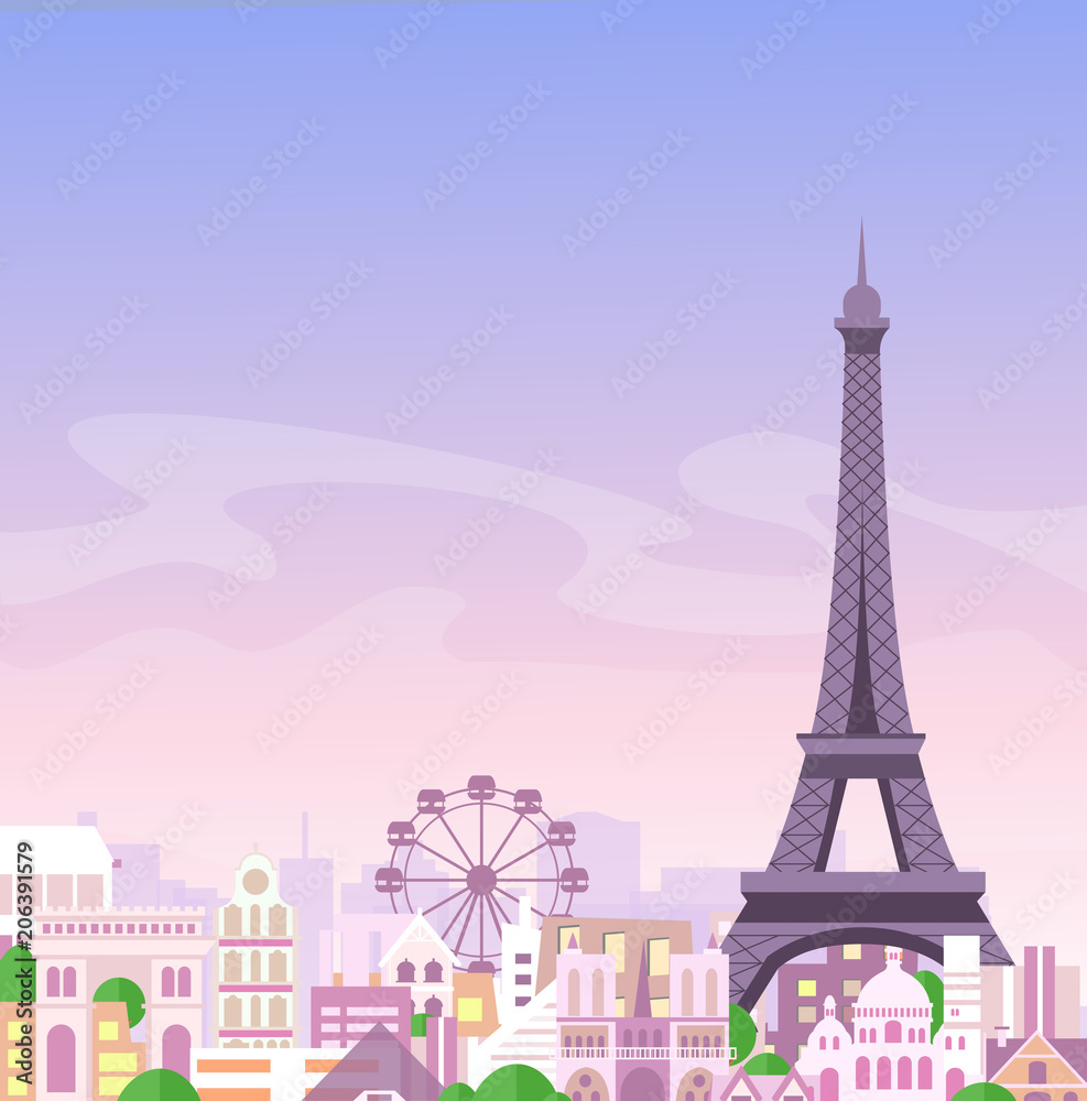 Vector illustration of romantic Paris view, France city skyline background in pastel colors, beautiful city in flat style. - obrazy, fototapety, plakaty 