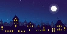 Vector Illustration Of The Night Town Skyline With A Full Moon Over Urban Houses Rooftops In Flat Style.