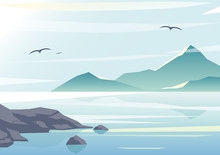 Vector Illustration Of Beautiful Sea View, Water Of The Ocean, Rocks On The Beach, Mountains And Sky Background In Pastel Colors And Flat Design.
