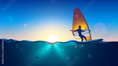 Obrazy Windsurfing  windsurfing-na-tle-morza-i-jasnego-nieba-mezczyzna-windsurfer-na-desce-z-zaglem