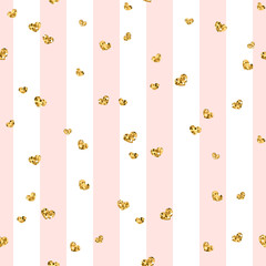 Wall Mural - gold heart seamless pattern. pink-white geometric stripes, golden confetti-hearts. symbol of love, v