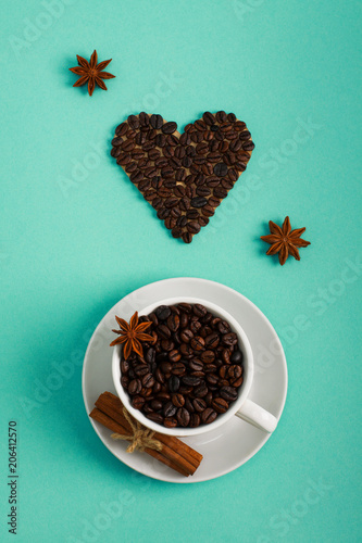 Fotografie, Tablou Cup of coffee seeds cinnamon anis coffee hearts