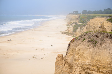 Wall Mural - Aerial view of green bluff, beautiful beach and waves in the ocean