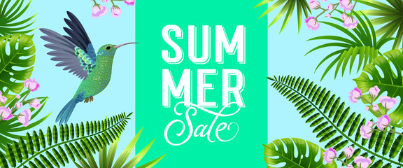 Wall Mural - Summer sale bright banner design with tropical leaves, lilac flowers and hummingbird. Text can be used for poster, labels, brochures.