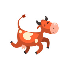 Sticker - Cute happy brown spotted cow jumping, funny farm animal cartoon character vector Illustration on a white background