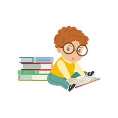 Canvas Print - Cute smart little boy character wearing glasses sitting on the floor and reading a book vector Illustration on a white background