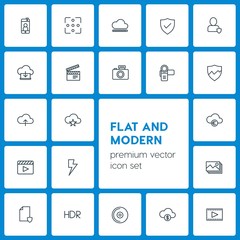 Poster - Modern Simple Set of cloud and networking, security, video, photos Vector outline Icons. Contains such Icons as  music,  mobile,  security and more on dark background. Fully Editable. Pixel Perfect