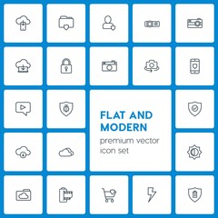Poster - Modern Simple Set of cloud and networking, security, video, photos Vector outline Icons. Contains such Icons as door, data, cloud, security and more on dark background. Fully Editable. Pixel Perfect