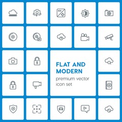Poster - Modern Simple Set of cloud and networking, security, video, photos Vector outline Icons. Contains such Icons as  security, movie,  lens,  iso and more on dark background. Fully Editable. Pixel Perfect