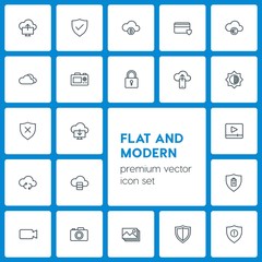 Poster - Modern Simple Set of cloud and networking, security, video, photos Vector outline Icons. Contains such Icons as  plastic,  picture, airport and more on dark background. Fully Editable. Pixel Perfect