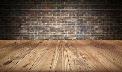 Empty wooden table and brick wall in background. 3d rendering