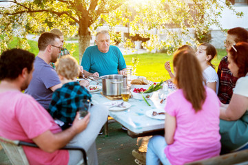 Big familly having a meal outside at the table under the tree on a beautiful sunny day.