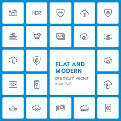 Poster - Modern Simple Set of cloud and networking, security, video, photos Vector outline Icons. Contains such Icons as hd,  television,  business and more on dark background. Fully Editable. Pixel Perfect