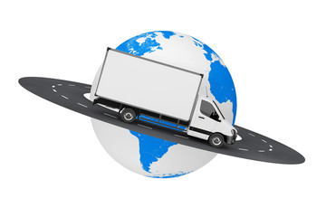 Poster - White Commercial Industrial Cargo Delivery Van Truck over Road Around Earth Globe. 3d Rendering