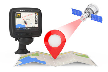 Poster - modern satelite broadcasting to navigation map with map pointer near navigation gps device with city