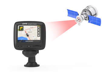 Poster - modern satelite broadcasting to navigation gps device with city map on the screen. 3d rendering