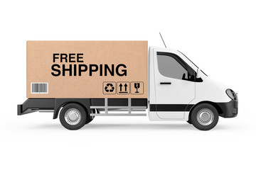 Aufkleber - Free Shipping Concept. White Commercial Industrial Cargo Delivery Van Truck Loaded with Cardboard Box with Free Shipping Sign. 3d Rendering