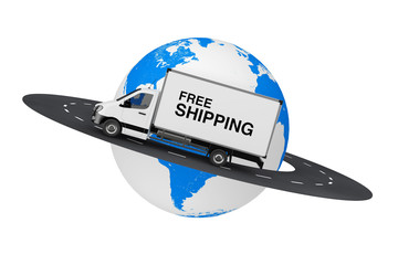 Poster - White Commercial Industrial Cargo Delivery Van Truck with Free Shipping Sign over Road Around Earth Globe. 3d Rendering