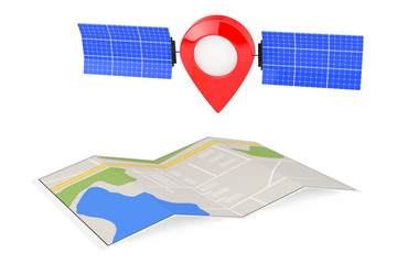 Leinwandbilder - Map Pointer Pin as Satelite over Folded Abstract Navigation Map. 3d Rendering