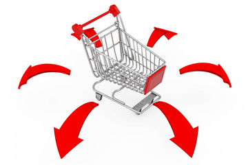 Aufkleber - Global Shopping Concept. Shopping Cart Trolley with Glowing Red Direction Arrows. 3d Rendering
