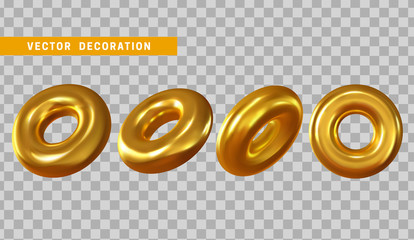 Poster - Design element in shape of 3d torus gold color. Round ring tor isolated with transparent background