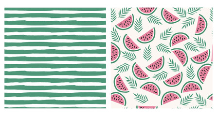 Summertime hand drawn set. Green stripes and watermelons patterns.