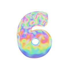 Fototapete - Alphabet number 6. Funny font made of colorful soap bubble. 3D render isolated on white background.