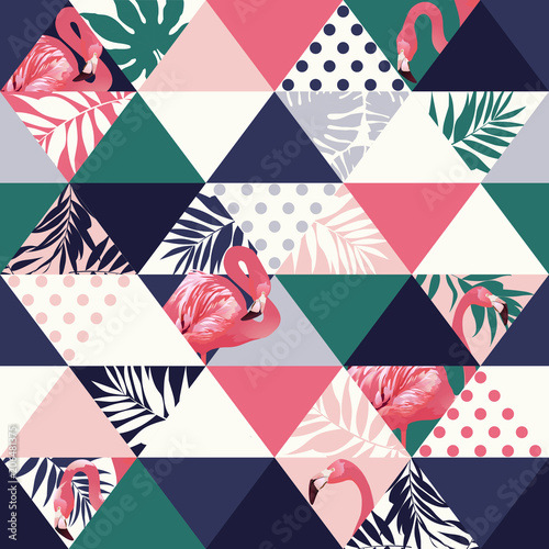 egzotyczny-plazowy-modny-bezszwowy-wzor-patchwork-obrazkowy-kwiecisty-wektorowy-tropikalny-banan-opuszcza-jungle-pink-flamingos