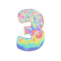 Fototapete - Alphabet number 3. Funny font made of colorful soap bubble. 3D render isolated on white background.