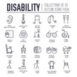 Care people with disabled thin line illustration concept. Flat outline world disability day icons set illustrations. Vector elements for mans help background