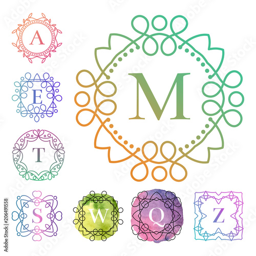 Monogram template with flourishes calligraphic elegant ornament watercolor ba...