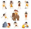 Caveman kids vector primitive children character and prehistoric child with stoned weapon on mammoth illustration set of ancient boy or girl in stone age isolated on white background