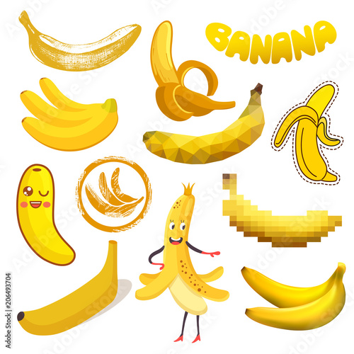 Banana vector yellow tropical fruit or healthy fruity snack of organic food d...