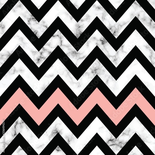 Naklejka - mata magnetyczna na lodówkę Vector marble texture design with geometric chevron shapes, black and white marbling surface, modern luxurious background, vector illustration