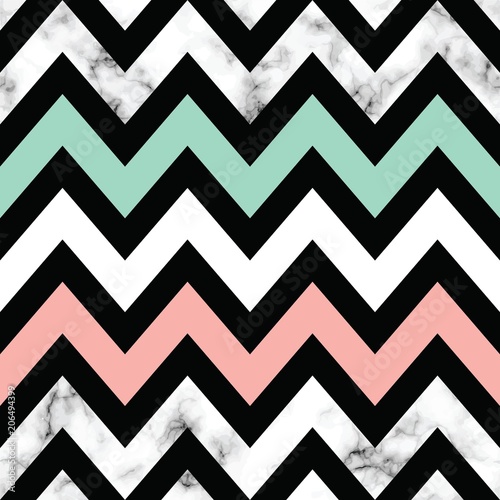 Naklejka - mata magnetyczna na lodówkę Vector marble texture design with geometric chevron shapes, black and white marbling surface, modern luxurious background, vector illustration