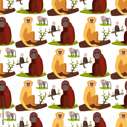 Cuadros en Lienzo Monkey character animal breads seamless pattern background wild zoo ape chimpanzee vector illustration