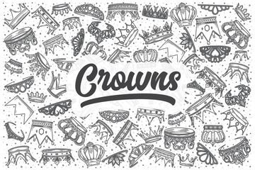 Sticker - Hand drawn crowns vector doodle set.