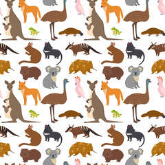 Wall Mural - Australia wild animals cartoon popular nature characters seamless pattern background flat style mammal collection vector illustration.