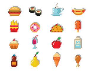 Aufkleber - Pixel art food computer design icons vector illustration restaurant pixelated element fast food retro game web graphic.