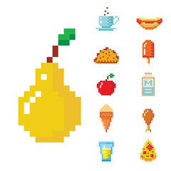 Aufkleber - Pixel art food computer design icons vector illustration restaurant pixelated element fast food retro game web graphic.